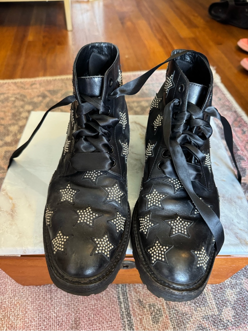 Saint Laurent Black Leather Star Appliqué Ankle Boots
